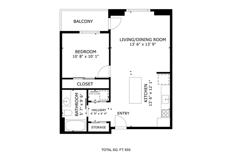 Floor plan for 1 bed, 1 bath, 655 sqft